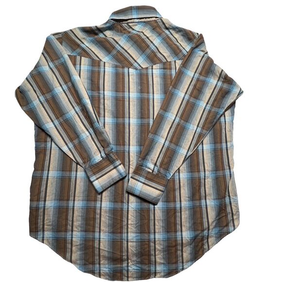 VTG Ely Cattleman Mens Shirt 2XL Plaid Brown Blue LS Pearl Snap Collared Western - Picture 4 of 11